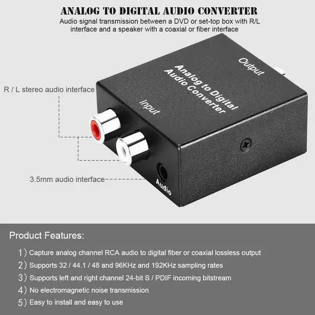 Alt view image 5 of 6 - 3.5mm Analog To Digital Audio Converter Adapter with Power cable SPDIF Coaxial L/R RCA&Optical Toslink Audio Converter for TV PC