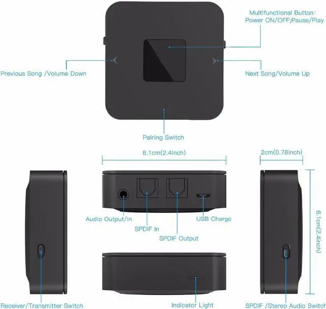 Alt view image 2 of 6 - mini Bluetooth 5.0 CSR8675 Aptx HD Low Latency Optical SPDIF Transmitter Receiver RCA Aux 3.5mm Wireless Audio Music TV Adapter