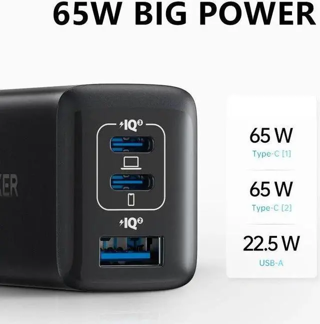 Alt view image 2 of 6 - Anker 535 Fast Charger GaNPrime 65W PPS 3-Port Fast Compact Foldable Wall Charger for MacBook Pro/Air, Galaxy S20/S10, Dell XP