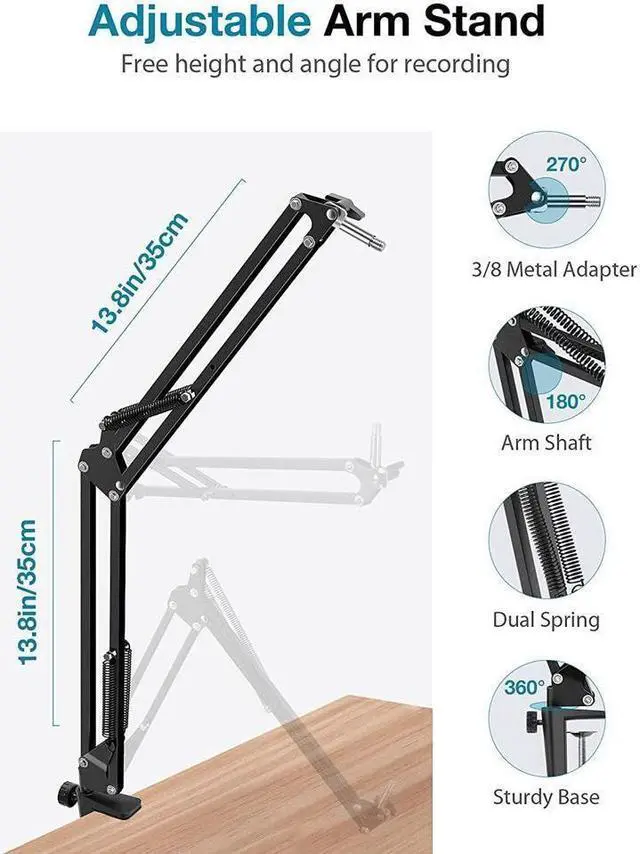 Alt view image 6 of 6 - Mic Arm Microphone Stand Boom Suspension Stand with 3/8" to 5/8" Screw Adapter Clip for Blue Yeti Snowball, HyperX QuadCast, Yeti x and other Mic, Medium