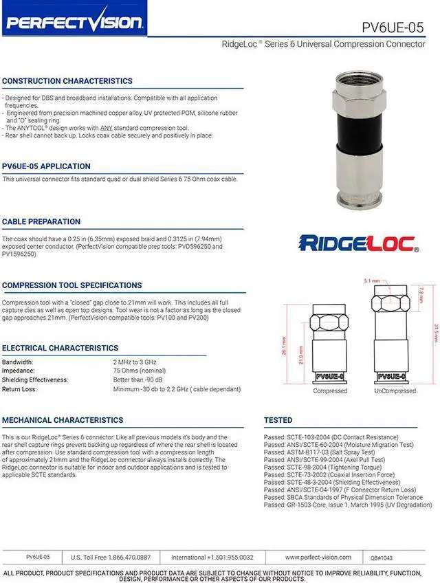 Alt view image 6 of 6 - Perfect Vision PV6UE-05 'Ridgeloc' Universal Fit RG6 Coax Cable Compression C...
