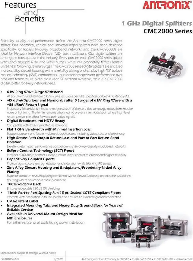 Alt view image 3 of 5 - Antronix High Performance 2-Way Cable TV Splitter CMC2002H OTA Coaxial 5-1002M