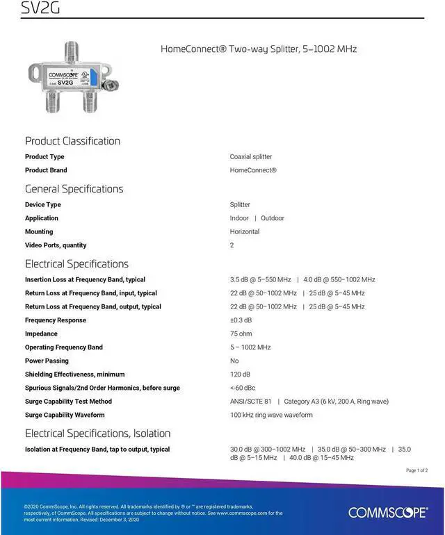 Alt view image 3 of 5 - CommScope HomeConnect Digital Coaxial Splitter SV-2G (Pack of 3)