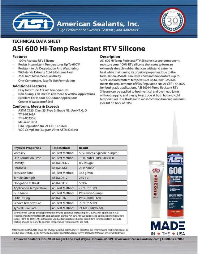 Alt view image 3 of 5 - ASI 600 High Temperature RTV Silicone Sealant 2.8 Oz Tube