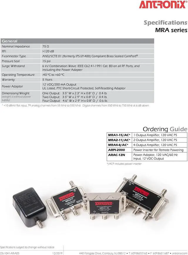Alt view image 6 of 7 - Antronix AMP MRA4-8/AC Broadband Cable TV Signal Booster With Power Supply