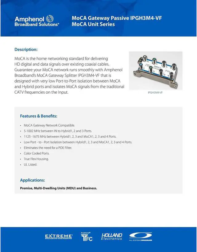 Alt view image 3 of 5 - Amphenol MoCA Gateway Passive IPGH3M4-VF 3xHYBRID+4xMoCA Ports Coaxial Splitter