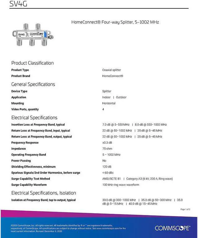 Alt view image 2 of 5 - Commscope SV-4G 4-way Coaxial Digital Splitter 5-1000mhz