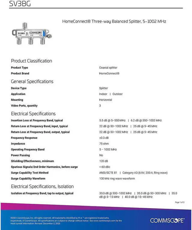 Alt view image 2 of 5 - Commscope SV-3BG 3-way Balanced Coaxial Splitter, 5-1002 Mhz