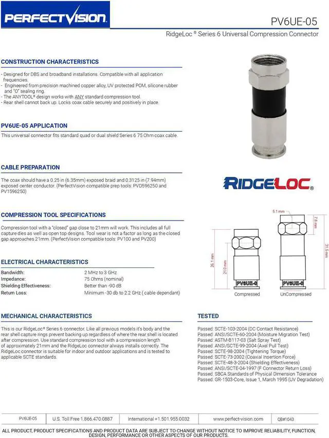 Alt view image 4 of 6 - Perfect Vision PV6UE-05 Ridgeloc Compression Connectors RG6 Coax Cable Bag of 50