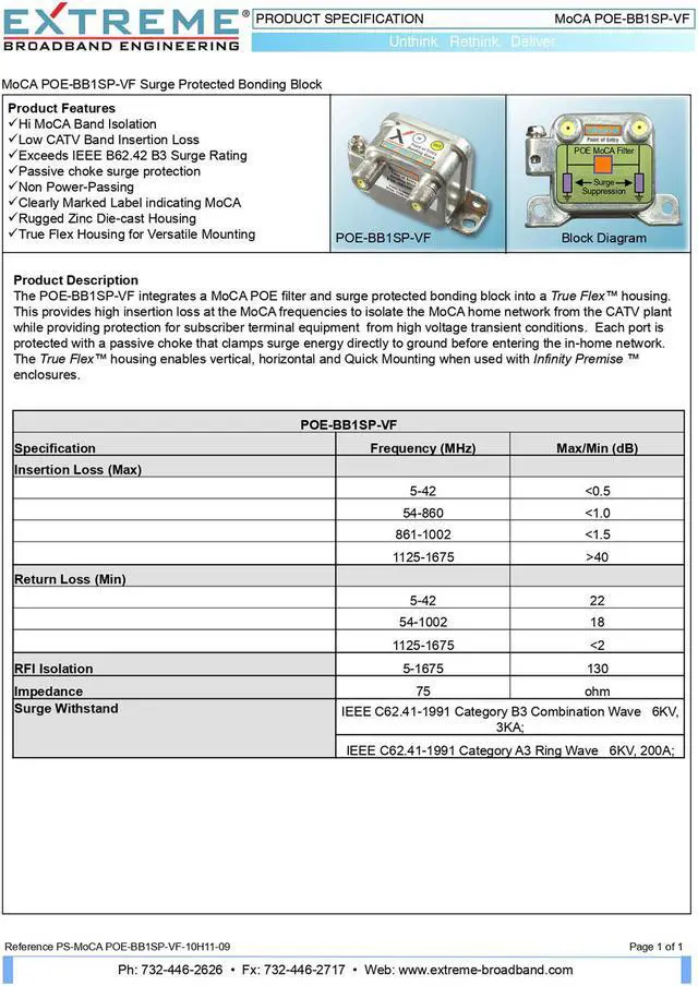 Alt view image 4 of 5 - Extreme Broadband MoCA POE-BB1SP-VF 6kV Surge Protection