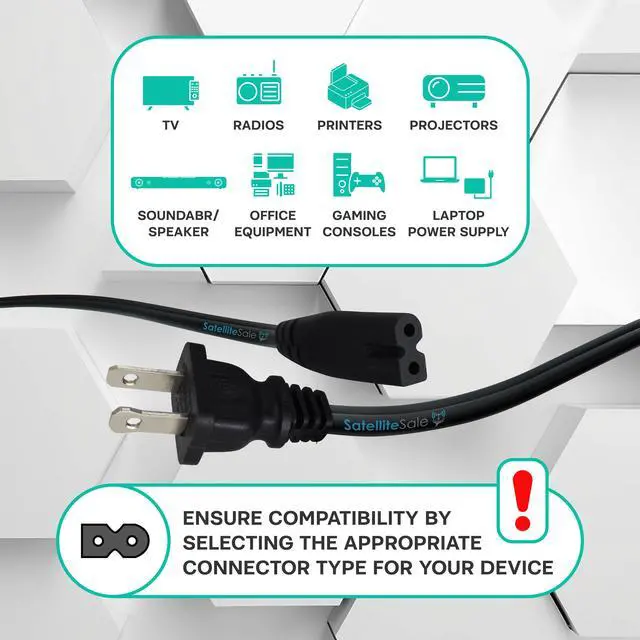 Alt view image 2 of 6 - SatelliteSale 18AWG 2-Prong to Square/Round Connector AC Universal Replacement Power Cable Universal Wire PVC Black Cord 15 feet