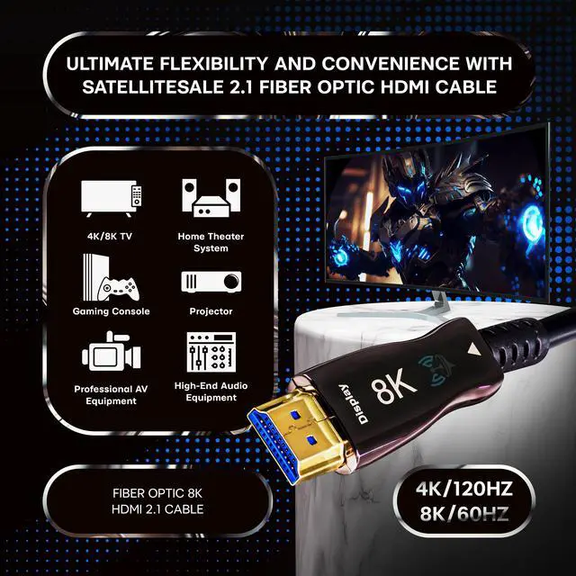 Alt view image 2 of 6 - SatelliteSale Digital Fiber Optic 8K HDMI 2.1 Cable 8K/60Hz 48Gbps Universal Wire PVC Black Cord 50 feet