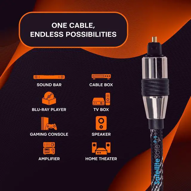 Alt view image 2 of 7 - SatelliteSale Digital Toslink SPDIF Audio Optical Fiber Cable Universal Wire Nylon Black/Silver Cord 6 feet