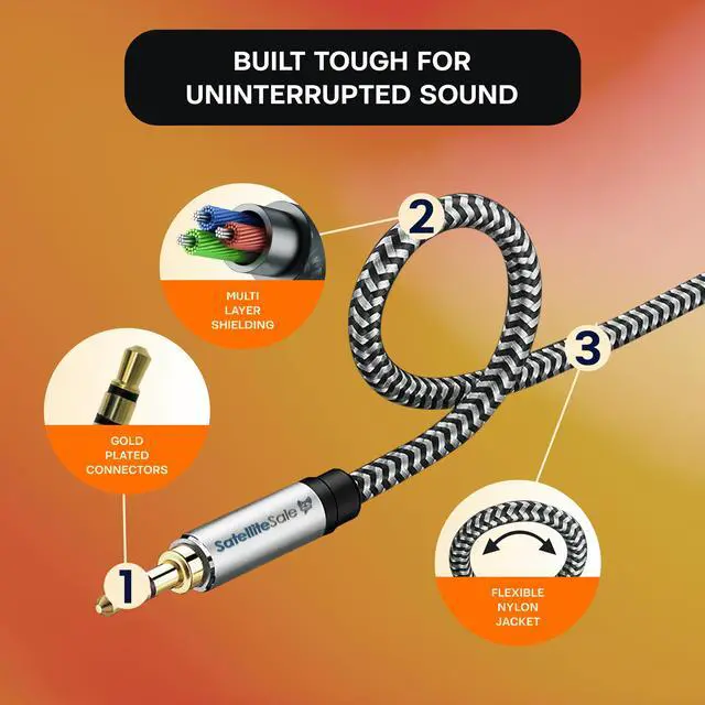 Alt view image 4 of 6 - SatelliteSale Auxiliary 3.5mm Audio Jack Male to Male Digital Stereo Aux Cable Universal Wire Black/White Nylon Cord 3 feet