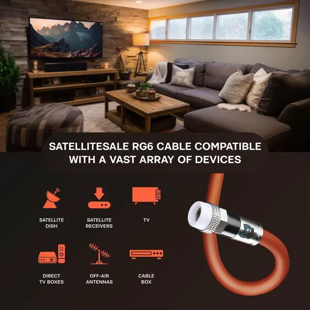 Alt view image 4 of 6 - SatelliteSale Outdoor RG6 Coaxial 1800 Mhz Underground Burial Flooded Cable Universal Wire Polyethylene Orange Cord 10 Feet