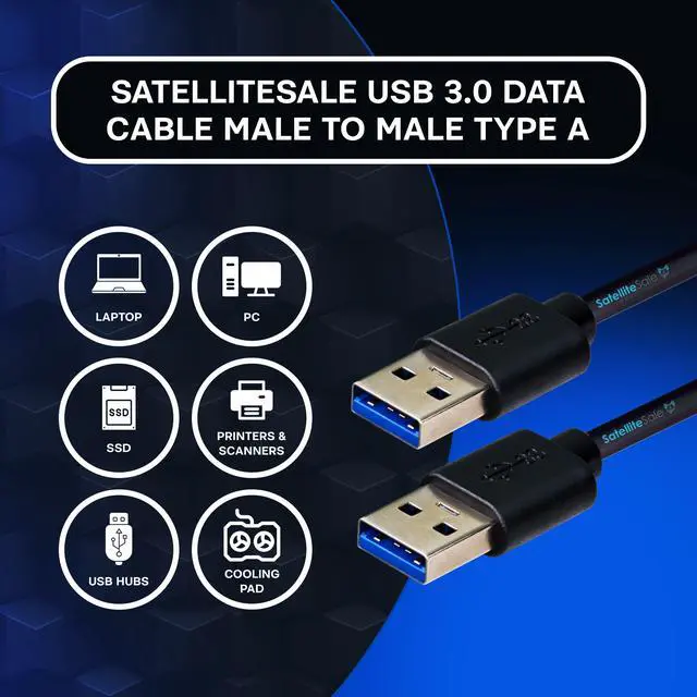 Alt view image 2 of 6 - SatelliteSale Digital USB 3.0 Data Cable Male to Male Type A SuperSpeed 5Gbps Universal Wire PVC Black Cord 15 feet