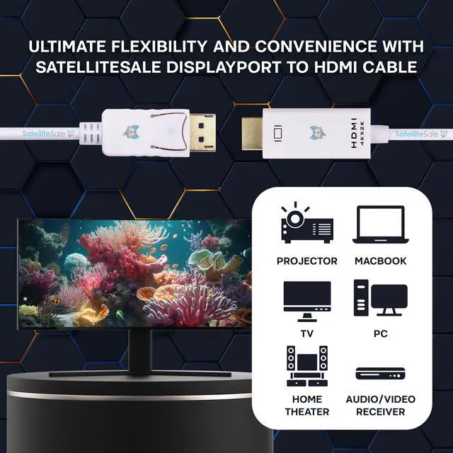 Alt view image 2 of 6 - SatelliteSale Uni-Directional DisplayPort to HDMI Cable Male to Male 4K/30Hz 8.64Gbps Universal Wire PVC White Cord 3 feet