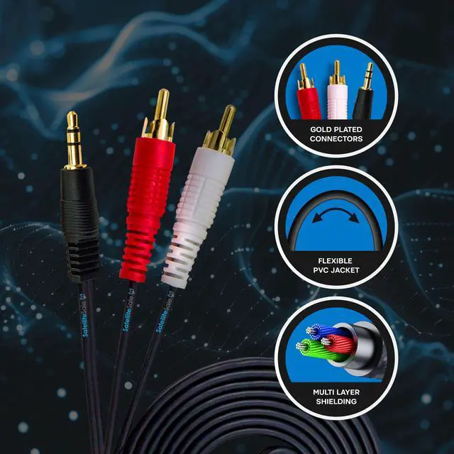 Alt view image 5 of 6 - SatelliteSale Auxiliary 3.5mm Audio Jack to 2 RCA Digital Stereo Composite Aux Cable Universal Wire PVC Black Cord 3 feet