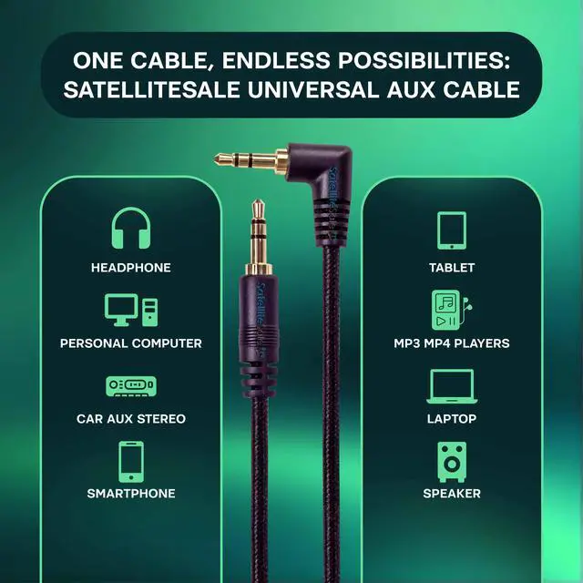 Alt view image 2 of 6 - SatelliteSale Auxiliary 3.5mm Right Angle Audio Jack Male to Male Digital Stereo Aux Cable Universal Wire Black Nylon Cord 15 feet