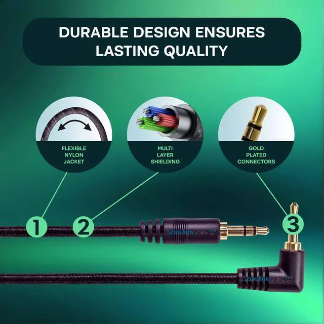 Alt view image 3 of 6 - SatelliteSale Auxiliary 3.5mm Right Angle Audio Jack Male to Male Digital Stereo Aux Cable Universal Wire Black Nylon Cord 15 feet