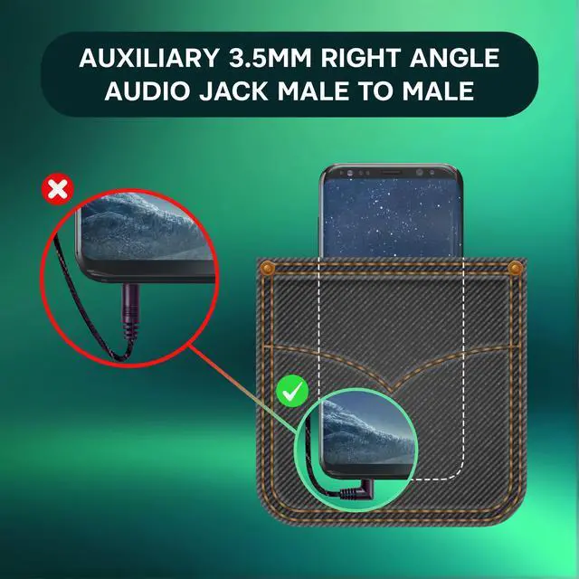 Alt view image 5 of 6 - SatelliteSale Auxiliary 3.5mm Right Angle Audio Jack Male to Male Digital Stereo Aux Cable Universal Wire Black Nylon Cord 15 feet