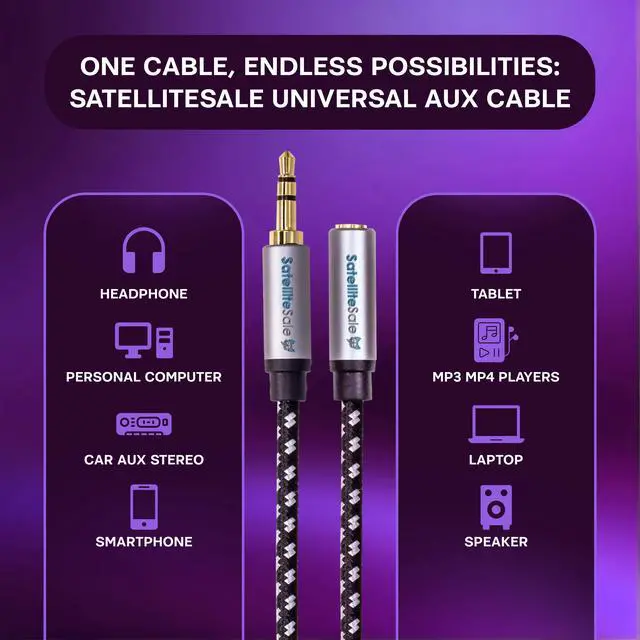 Alt view image 2 of 6 - SatelliteSale Auxiliary 3.5mm Audio Jack Male to Female Digital Stereo Aux Extension Cable Universal Wire Black/White Nylon Cord 10 feet