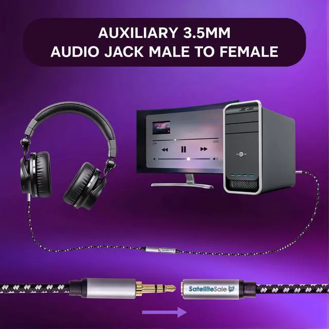 Alt view image 4 of 6 - SatelliteSale Auxiliary 3.5mm Audio Jack Male to Female Digital Stereo Aux Extension Cable Universal Wire Black/White Nylon Cord 10 feet