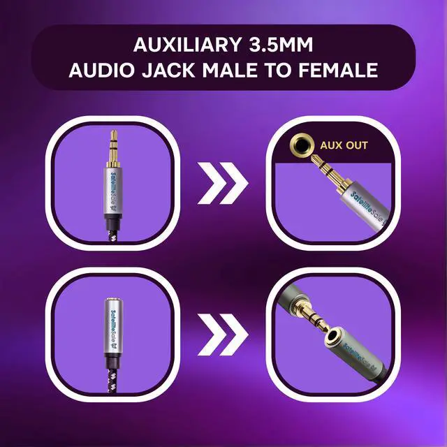 Alt view image 6 of 6 - SatelliteSale Auxiliary 3.5mm Audio Jack Male to Female Digital Stereo Aux Extension Cable Universal Wire Black/White Nylon Cord 10 feet