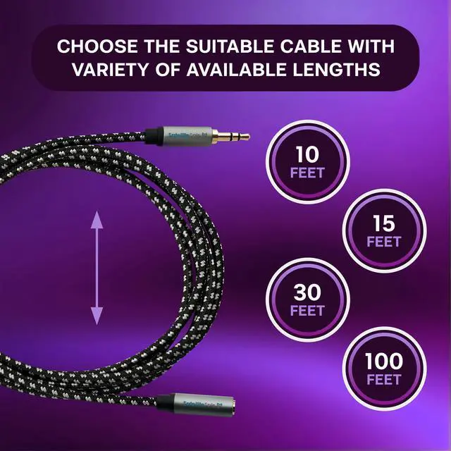 Alt view image 5 of 6 - SatelliteSale Auxiliary 3.5mm Audio Jack Male to Female Digital Stereo Aux Extension Cable Universal Wire Black/White Nylon Cord 100 feet