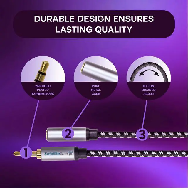 Alt view image 3 of 6 - SatelliteSale Auxiliary 3.5mm Audio Jack Male to Female Digital Stereo Aux Extension Cable Universal Wire Black/White Nylon Cord 100 feet