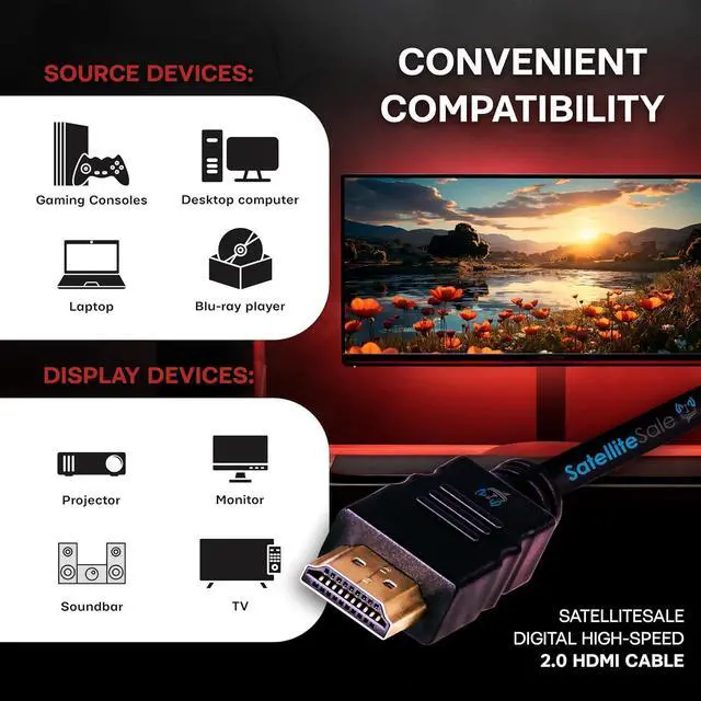 Alt view image 2 of 7 - SatelliteSale Digital High-Speed 2.0 HDMI Cable 4K/60Hz 18Gbps PVC 2160p Black Cord Universal Wire 3 Feet