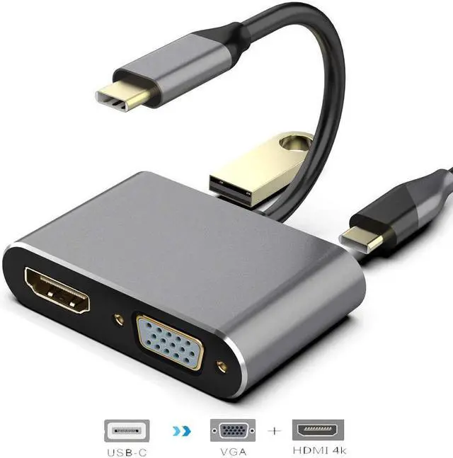 Main image of USB-C to HDMI VGA Adapter USB 3.1 Type C to VGA HDMI 4K UHD Converter Adapter 4 in 1 USB C Hub Thunderbolt 3 Compatible for Macbook Pro  ChromeBook DELL HP Samsung Huawei