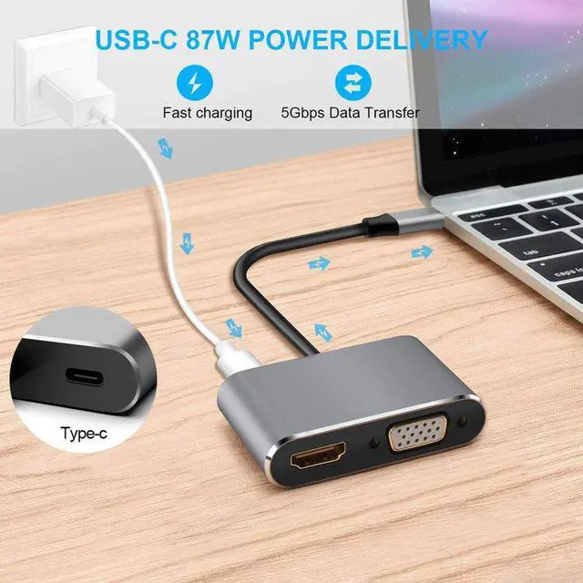 Alt view image 6 of 7 - USB-C to HDMI VGA Adapter USB 3.1 Type C to VGA HDMI 4K UHD Converter Adapter 4 in 1 USB C Hub Thunderbolt 3 Compatible for Macbook Pro  ChromeBook DELL HP Samsung Huawei