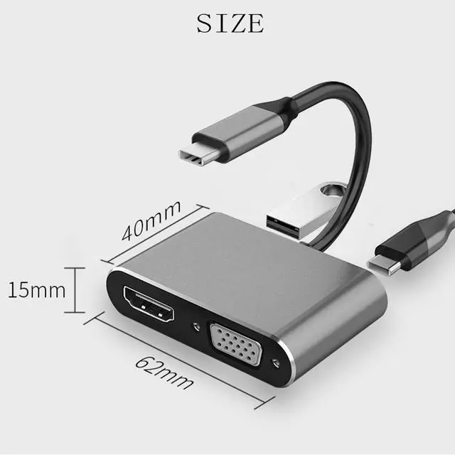 Alt view image 4 of 7 - USB-C to HDMI VGA Adapter USB 3.1 Type C to VGA HDMI 4K UHD Converter Adapter 4 in 1 USB C Hub Thunderbolt 3 Compatible for Macbook Pro  ChromeBook DELL HP Samsung Huawei