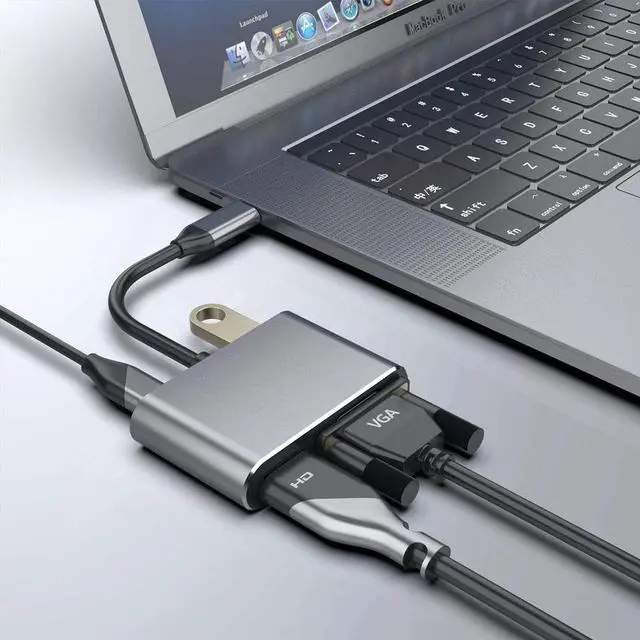 Alt view image 5 of 7 - USB-C to HDMI VGA Adapter USB 3.1 Type C to VGA HDMI 4K UHD Converter Adapter 4 in 1 USB C Hub Thunderbolt 3 Compatible for Macbook Pro  ChromeBook DELL HP Samsung Huawei