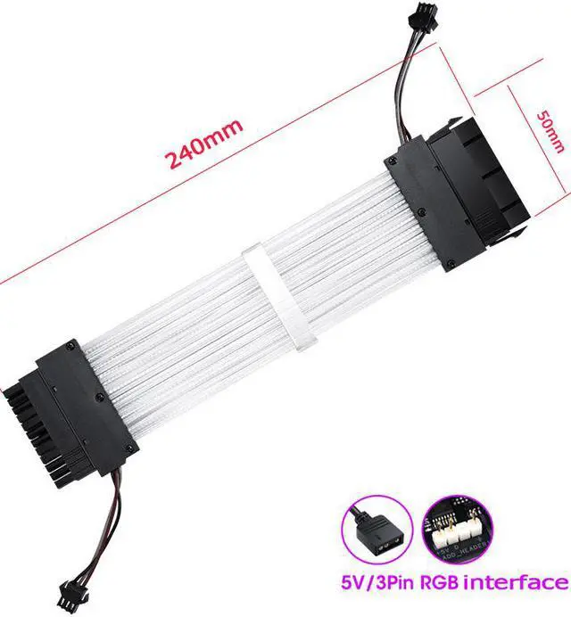 Alt view image 2 of 7 - Addressable RGB Power Extension Cable Sleeved Cable Extension PC Kit 18AWG 24Pin ATX Power Supply PSU Cable with Combs 24CM