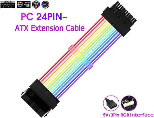 Main image of Addressable RGB Power Extension Cable Sleeved Cable Extension PC Kit 18AWG 24Pin ATX Power Supply PSU Cable with Combs 24CM