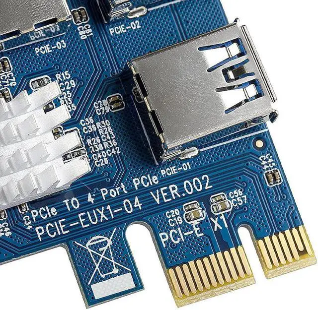 Alt view image 6 of 7 - PCI-E Splitter 1 to 4 PCI Riser Card, PCIe 1 to 4 PCI-Express 16X Slots Riser Card, PCI-E 1X to External 4 PCI-E USB 3.0 Adapter Multiplier Card for Bitcoin ETH Mining Miner Device