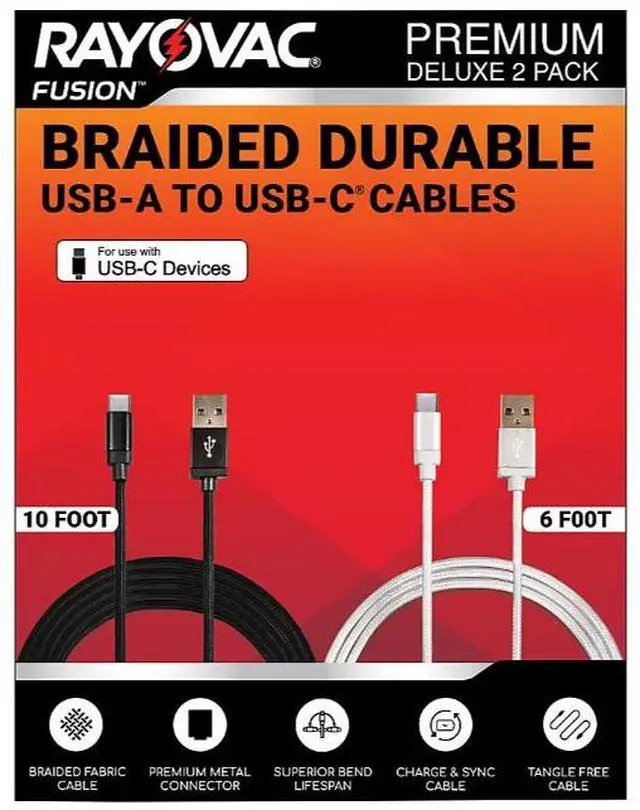 Main image of Rayovac Braided Durable USB-A to USB-C Cables - 2 Pack