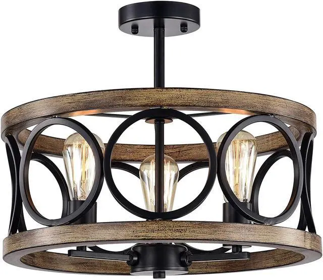 Main image of Warehouse of Tiffany CM135/3 Shacer Matte Black/Imitation Wood Grain 3-Light Chandelier, Brown