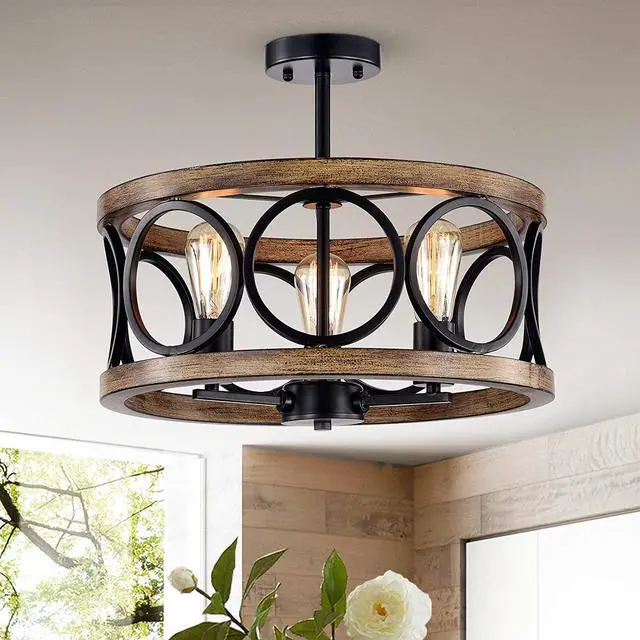 Alt view image 2 of 3 - Warehouse of Tiffany CM135/3 Shacer Matte Black/Imitation Wood Grain 3-Light Chandelier, Brown
