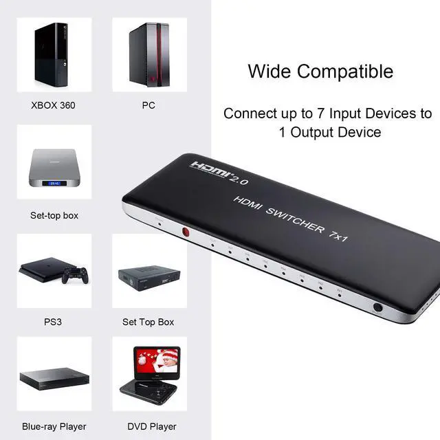 Alt view image 5 of 6 - Univivi 7 Port HDMI 2.0 Switch 4K@60Hz HDMI Switcher Support HDR & HDCP 2.2,Full HD/3D with IR Wireless Remote Control and Power Adapter