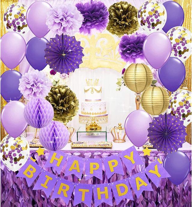 Purple Gold Birthday Party Decorations Happy Birthday Banner Purple Gold  Confetti Balloons Polka Dot Paper Fans for Women/Girl Purple Birthday  Decorations Purple Gold Birthday Photo Backdrop 