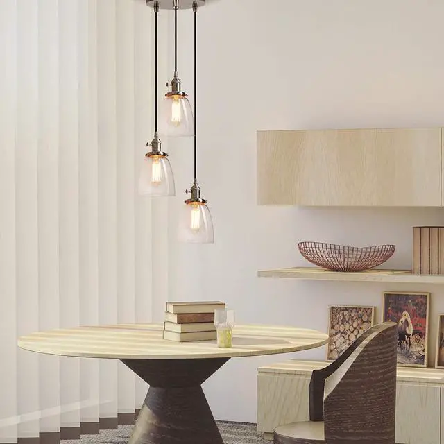 Alt view image 3 of 7 - Pathson 3 Lights Pendant Lighting, Bathroom Vanity Light Fixtures with Clear Glass Shade, Hanging Lamps for Kitchen Island (Brushed Steel)