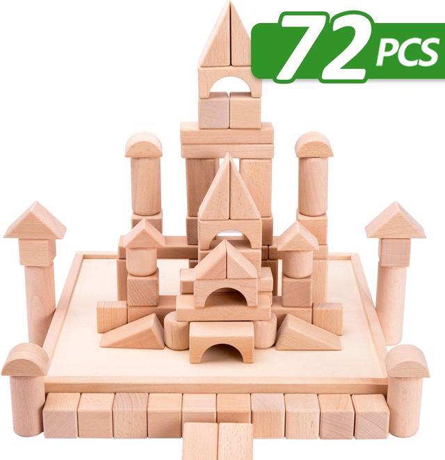 iPlay, iLearn Kids Wooden Building Block Set, 72 Pcs Wood Castle Blocks Kit, Natural Wooden Stacking Cubes, Educational