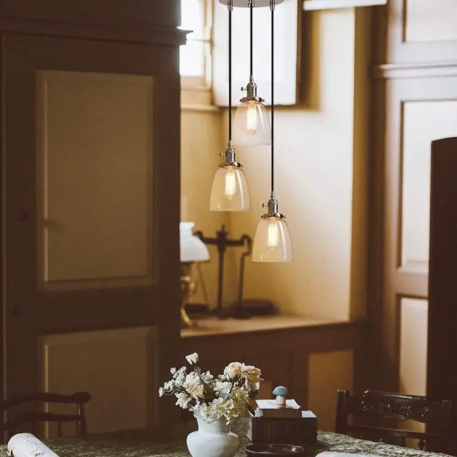 Alt view image 4 of 7 - Pathson 3 Lights Pendant Lighting, Bathroom Vanity Light Fixtures with Clear Glass Shade, Hanging Lamps for Kitchen Island (Brushed Steel)