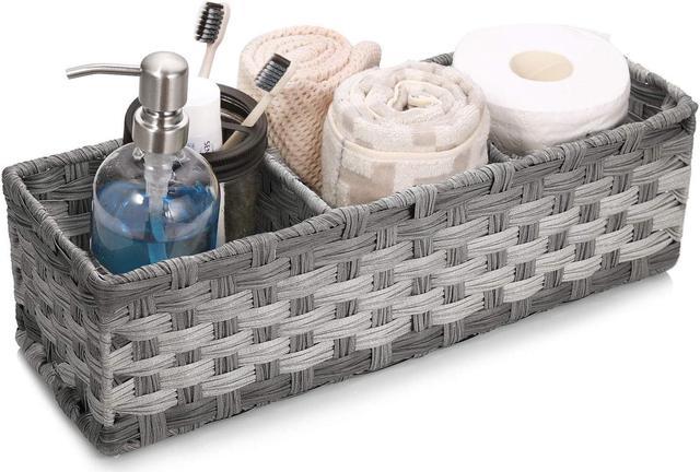 Toilet Paper Storage Basket with 3 Section,Toilet Paper Holder with Storage,Woven  Plastic Wicker Basket with Divider for Organizing, Rustic Farmhouse Bathroom  Decor, Countertop Organizer Storage Grey