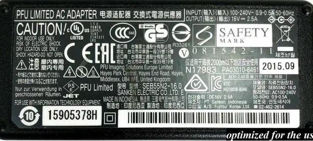 Alt view image 2 of 4 - OEM AC Adapter 16V 2.5A Fujitsu ScanSnap Scanner SEB55N2-16.0 PA03010-6461 w/PC