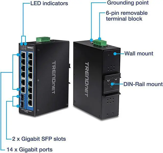 Alt view image 15 of 20 - TRENDnet 16-Port Hardened Industrial Unmanaged Gigabit DIN-Rail Switch, TI-G162, 14 x Gigabit Ports, 2 x Gigabit SFP Slots,32Gbps Switching Capacity, IP30 Ethernet Network Switch