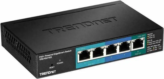 Alt view image 5 of 15 - TRENDnet 5-Port Gigabit PoE+ Powered EdgeSmart Switch with PoE Pass Through, TPE-P521ES, 1 x Gigabit PoE+ Input, 2 x Gigabit PoE Output, 2 x Gigabit, 18W PoE Budget, Managed Switch, Wall-Mountable